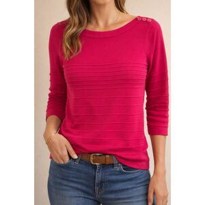 Cable & Gauge M bright pink ribbed 3/4 sleeve boat neck sweater